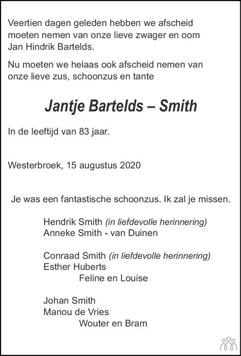 Jantje Bartelds Smith 15 08 2020 Overlijdensbericht En Condoleances