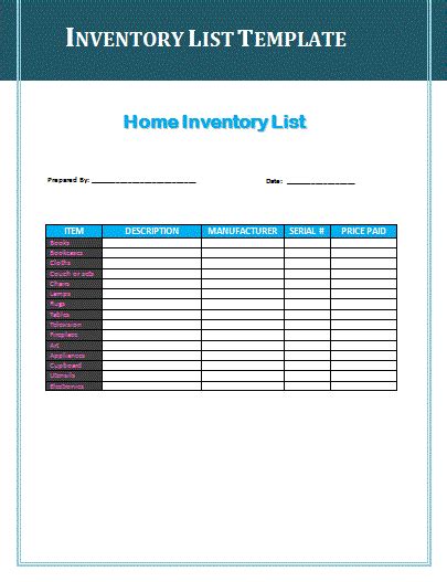 Inventory List Template Professional Word Templates
