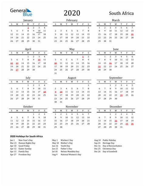 2020 South Africa Calendar With Holidays