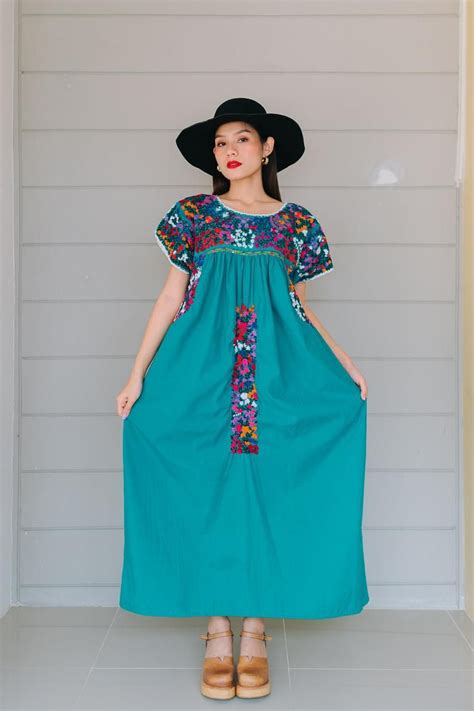Vintage 70s Oaxacan Maxi Dress Mexican Dress With Floral Embroidery