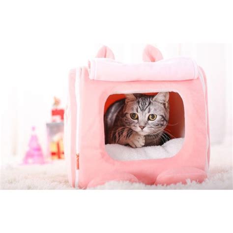 キャリーバッグみたいでかわいいピンクの猫のベッド 猫ハウスペット 猫ちゃんワンちゃんの冬用