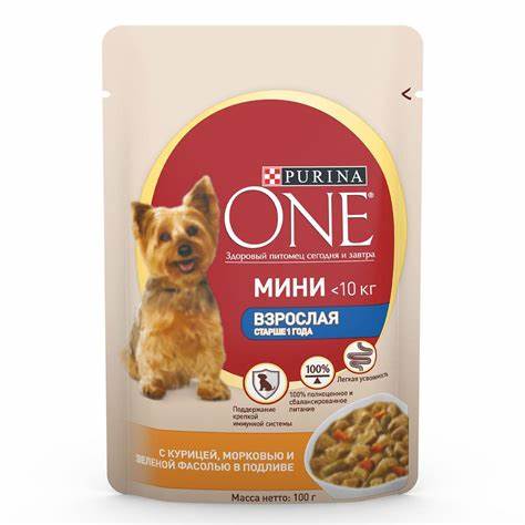 Корм для собак Purina One Mini мелких пород курица-морковь-зеленая Картинка - Корм для собак Purina One Mini мелких пород курица-морковь-зеленая