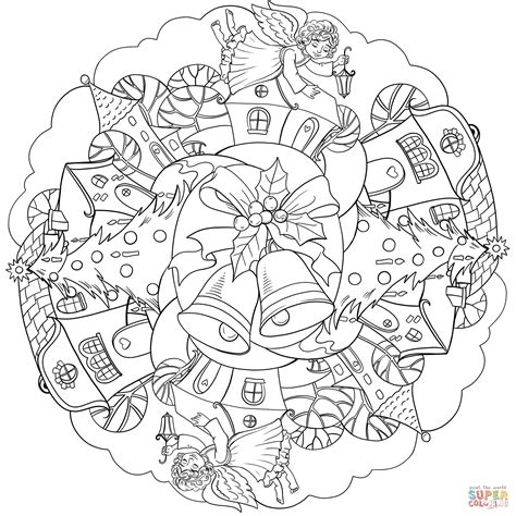 Christmas Mandala With Bell And Angel In Town Coloring Page Free