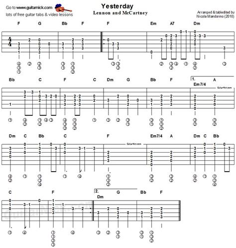 Yesterday Guitar Tab With Melody And Chords Guitar Tabs Basic