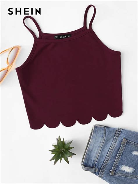 Shein Summer Red Tank Crop Top Vest Woman Vacation Casual Scallop Hem
