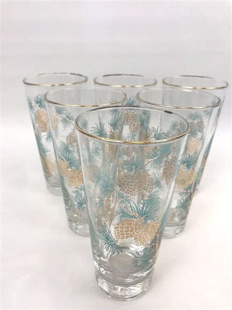 Vintage Libbey Turquoise 22k Gold Pine Cone Drinking Glasses Set 6 Midcentury Midcenturymodern