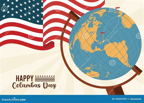 Happy Columbus Day Celebration With Usa Flag And Earth Map Stock Vector