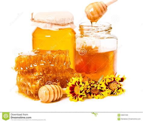 Bienenwabe Und Gläser Honig Mit Dem Stock Und Blumen Lokalisiert Auf W Stockfoto Bild Von