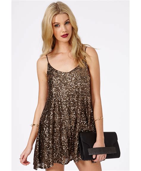 Missguided Kira Strappy Sequin Swing Dress In Antique Gold In Metallic