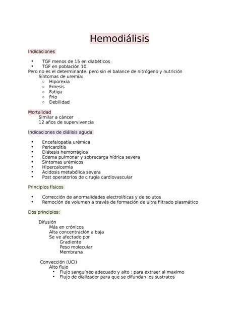 Hemodiálisis Apuntes Hemodiálisis Indicaciones Tgf Menos De 15 En