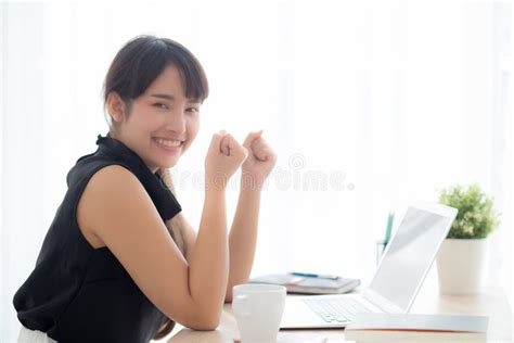 Beautiful Portrait Asian Young Woman Smile Working Online Laptop