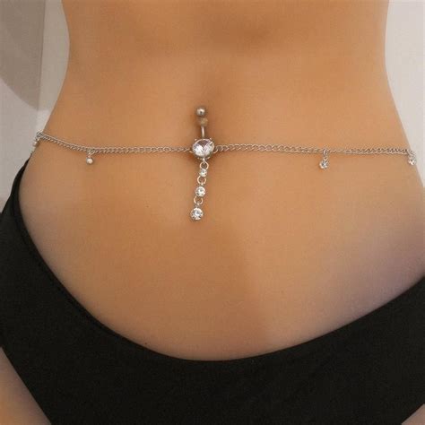 Minimalist Silver Tone Dangle Crystal Belly Button Navel Ring Etsy
