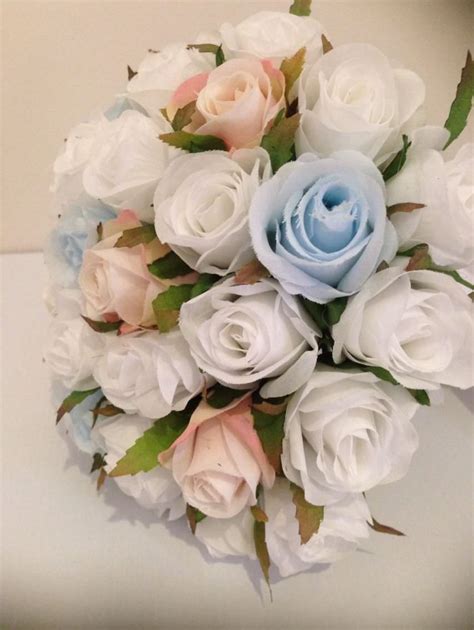 White Light Blue And Pink Roses Posy 33 Buds Wedding Artificial Silk
