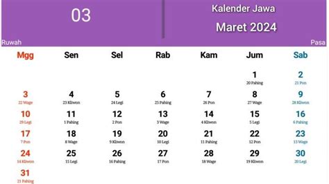 Kalender Jawa Hari Ini 5 Maret 2024 Tanggalan Jawa Selasa Legi