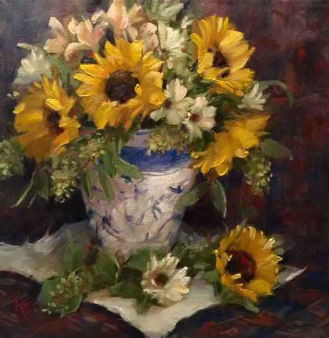 Sunflower And Daisies Still Life14x14 Original Krista Eaton Art