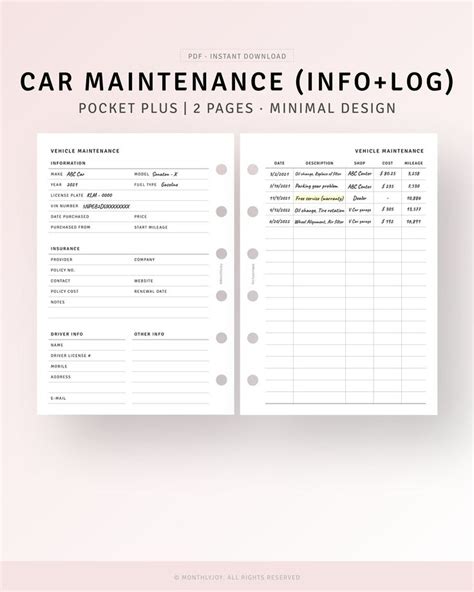 Car Maintenance Log Printable Pocket Plus Inserts Vehicle Etsy Car