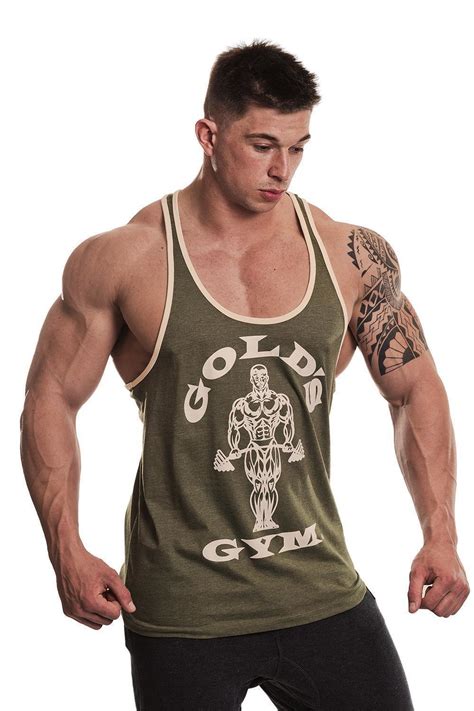 Golds Gym Muscle Joe Contrast Stringer Tank Army White