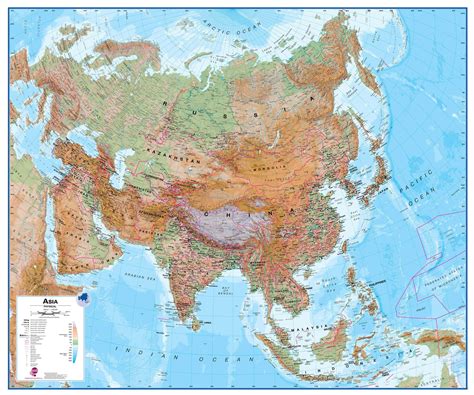 Europe occupies the western portion.the border between the two continents is debated. Physical Asia Wall Map