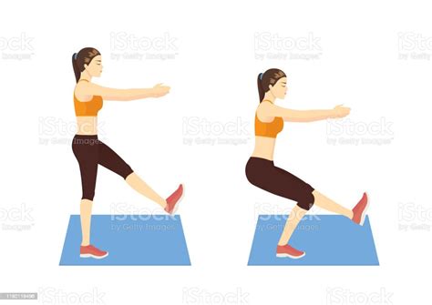Woman Doing Single Leg Squat Pose Exercise In 2 Step Arte Vetorial De