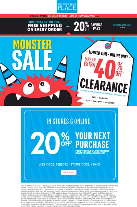The promo code will be automatically copied to the. Childrens Place coupons - 20% off + extra 40% off