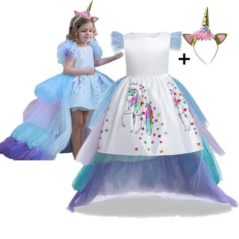 Rainbow Cake Girls Unicorn Dress Long Tail Train Dress Baby Girl