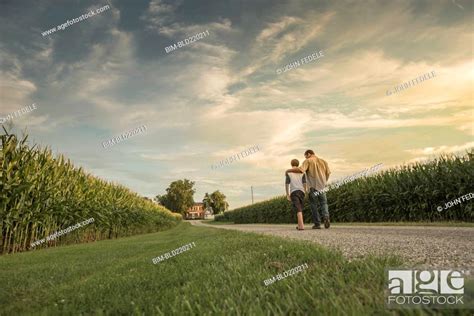 Caucasian Father And Son Walking On Dirt Path By Corn Field Stock