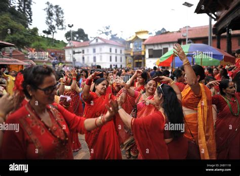 Nepalese Devotee’s Woman Dance During Teej Festival Celebrations At Pashupatinath Temple
