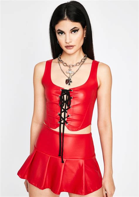 Red Faux Leather Mini Skirt Set High Waisted Lace Up Tank Crop Top