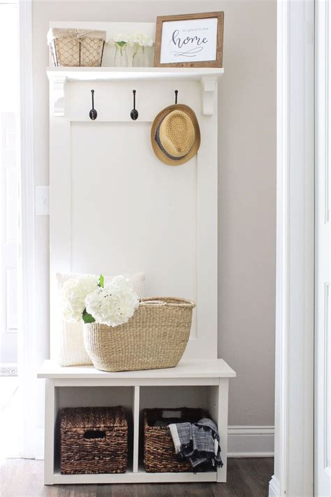 An entryway hall tree with storage bench has a high back to allow for hanging items and often comes with open or closed shelves above for more storage. Entryway Hall Tree Bench DIY | Diy furniture for small ...