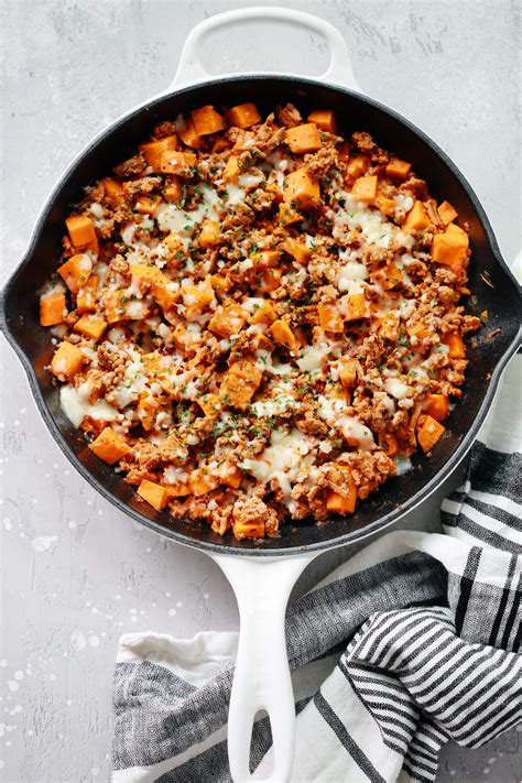 This selection of ground turkey recipes will enable you to enjoy a hearty and tasty dinner tonight without worrying about excessive fat and cholesterol. Ground Turkey Sweet Potato Skillet (Delicious One-Pan Dinner Recipe)