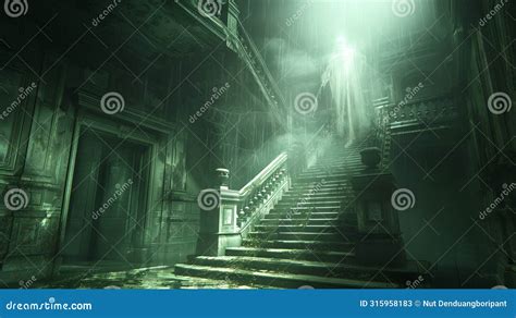 Ghostly Encounter Haunting Phantom on Mansion Staircase Stock