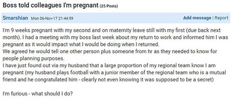 Mumsnet User Furious Her Boss Announced Her Pregnancy News Daily Mail