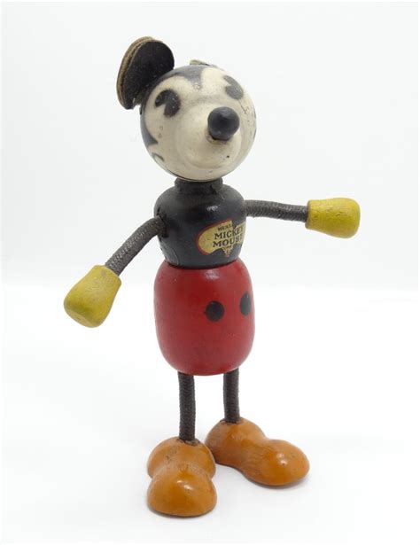 Vintage 1930s Wooden Walt Disney Mickey Mouse Toy Figurine W Orig Paper Label Mickey Mouse