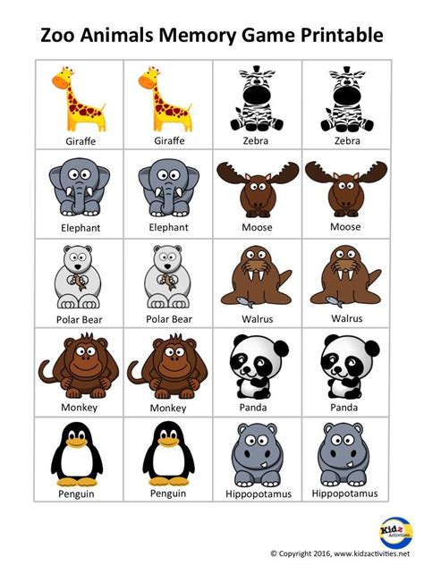 Zoo Animals Memory Game Free Printable By Kidz Activities Animal