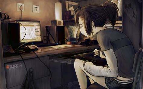 Anime Character Sit On Chair In Front Of Computer Hd Wallpaper