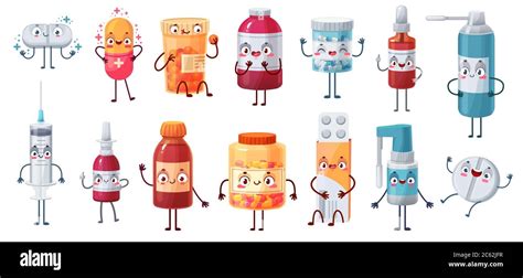 Cartoon Medicine Mascot Cute Happy Pills Characters Kill Bacteria And
