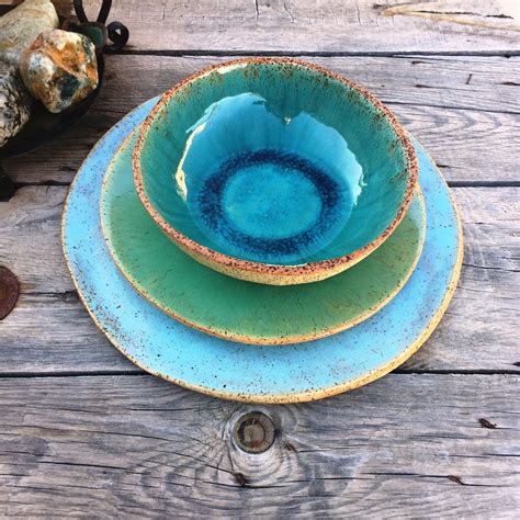 Dinner Plate Set Of 6 Turquoise Ceramic Plates Large Plates Etsy