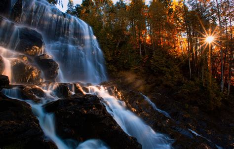Wallpaper Autumn Forest The Sun Trees Rock Waterfall Images For