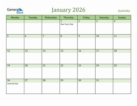 Fillable Holiday Calendar For Australia January 2026