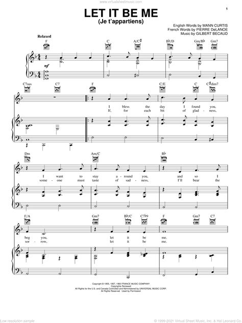 Partitura de piano de let it be de los beatles. Presley - Let It Be Me (Je T'appartiens) sheet music for voice, piano or guitar