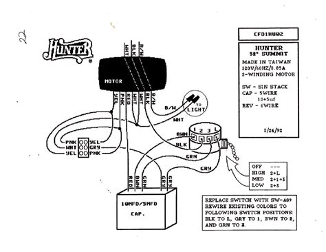 This wiring diagram shows the power starting at the switch box where a splice is made with the hot line which passes the power to both switches, and up to the ceiling fan and light. Hunter Ceiling Fan Capacitor Wiring Diagram Download