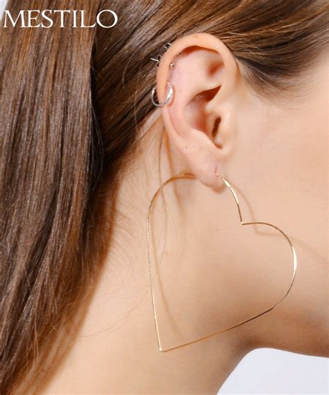 Mestilo Exaggeration Oversized Gold Sliver Big Love Heart Hoop Earrings For Women Fashion Large