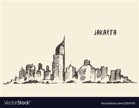 Jakarta Skyline Vintage Drawn Sketch Royalty Free Vector