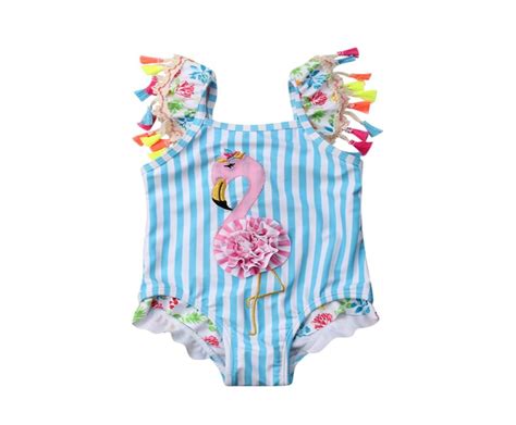 Cute Swimwear Kids Girls Bikini Tassels Flamingo Print Swimwear Kids