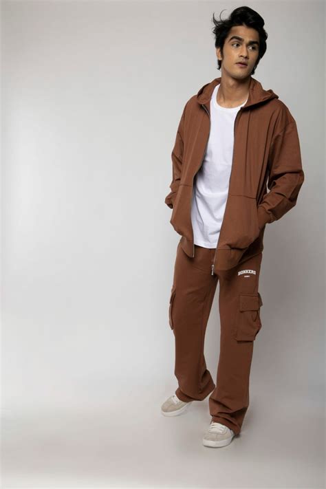 Brown Lounge Set Basic T Shirt Zipper And Utility Straight Fit Pant