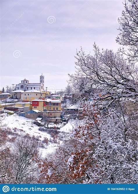Snow Covered Village Elatohori In Pieria Macedonia Greece Stock Photo