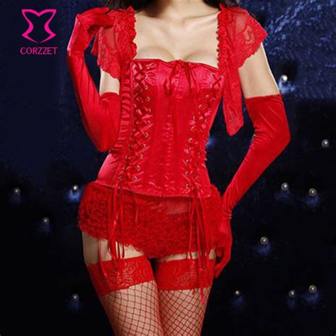 Red Satin With Lace Short Sleeve Body Korsett For Women Gothic Sexy
