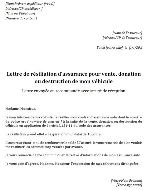 Lettre De Resiliation Contrat Assurance Voiture Modele De Lettre Type