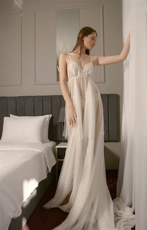Bridal Lingerie Wedding Night Long See Through Nightgown With Lace Decorated Cups Dea F47 Long
