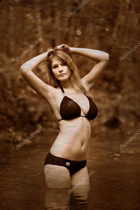 Retro Zwart Wit Foto Van Sepia Blonde Naakt Jonge Vrouw Wit